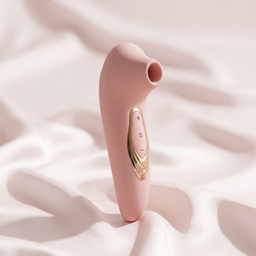 timulateur de bien-être Lucia  rose poudré avec boutons dorés, posé sur un tissu satiné rose, vue de face